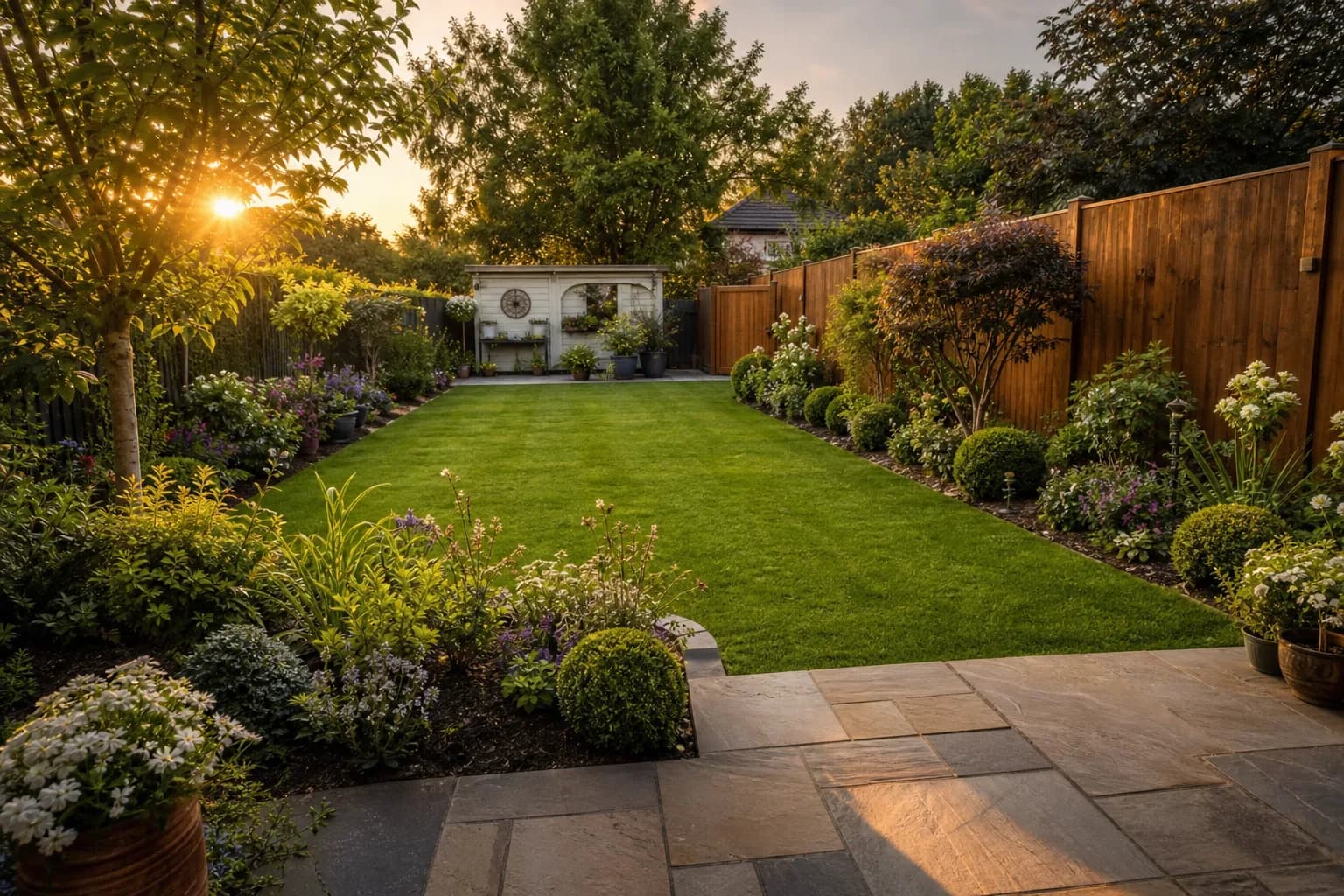 Landscaped back garden with new turf, planted borders, a patio and ornamental shrubs in golden light